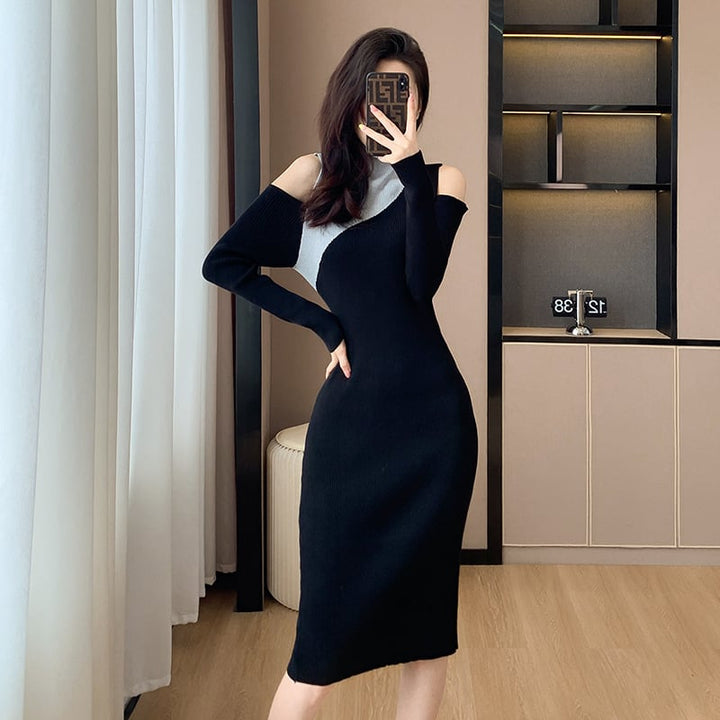 【dress】韓国系オフショルダーニットワンピース　M17599