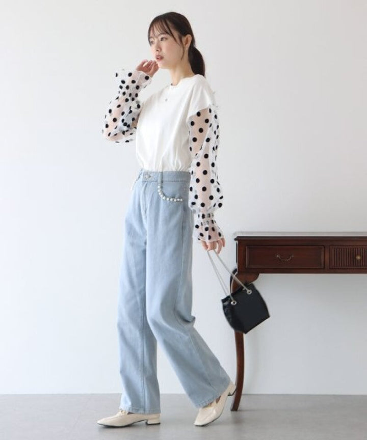 【tops】チュール切り替え長袖Tシャツ　M22604