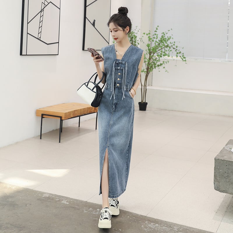 【dress】絶対流行ファッションノースリーブデニムワンピース　M16834