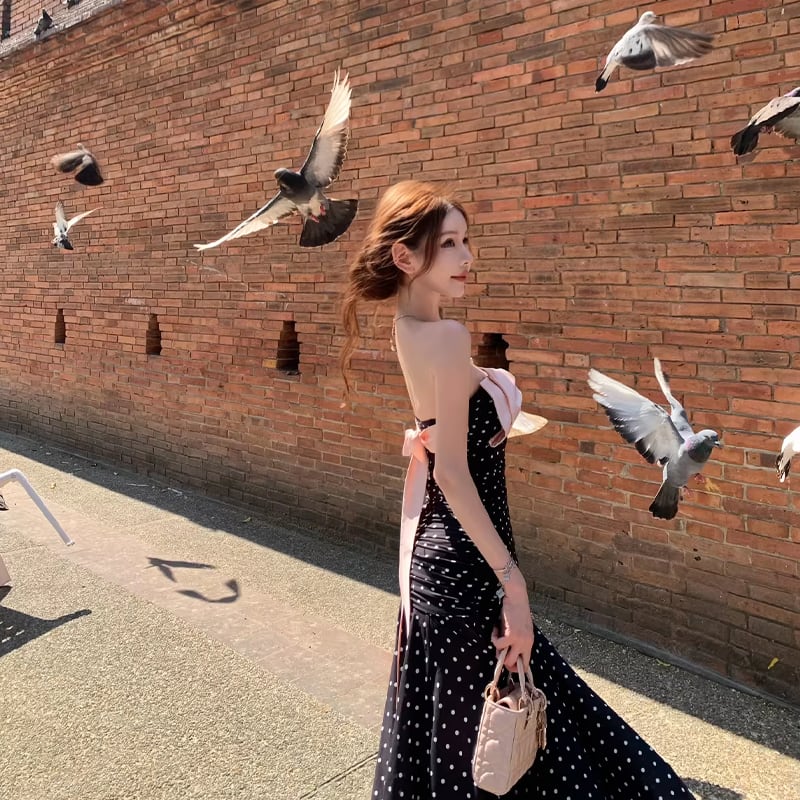 【dress】ドット柄リボン付きロングワンピース Q8374