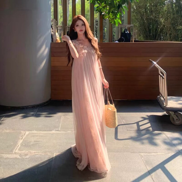 【dress】レースドッキングワンショルダーロングワンピース Q8444