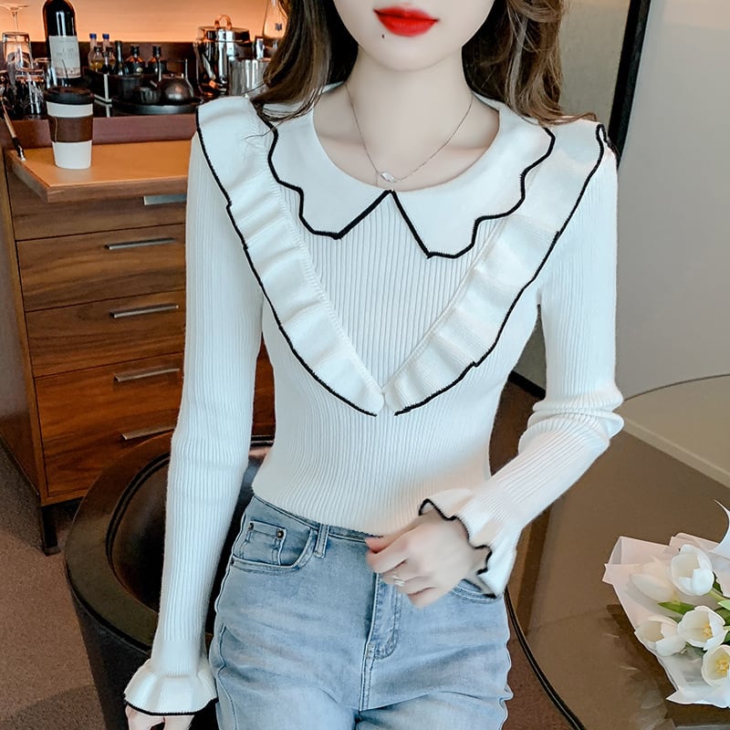 【tops】折り襟フリルニットトップス　M18137