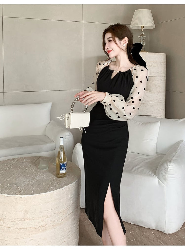 【dress】ドット柄切り替えスリットワンピース　M17714