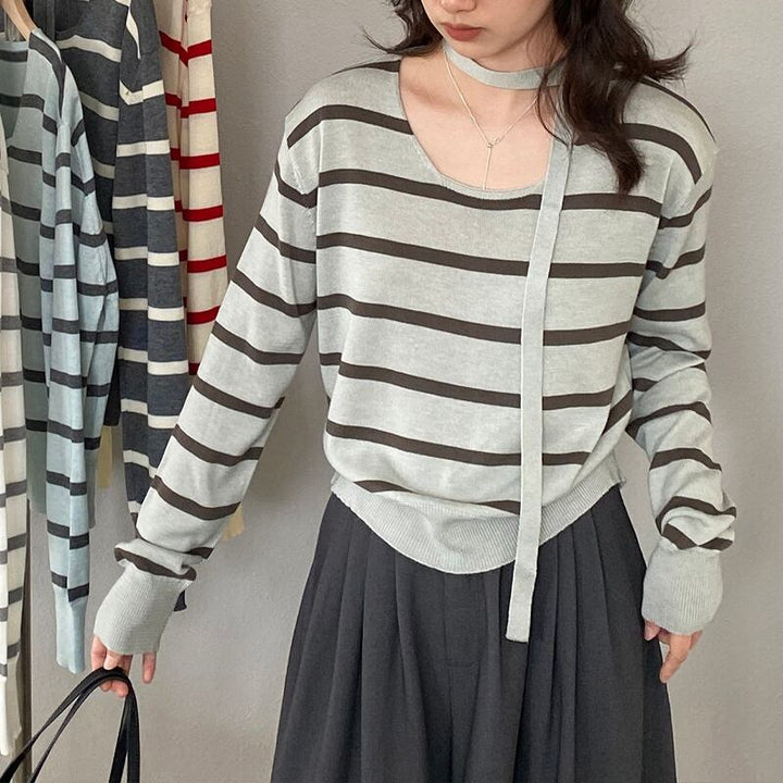 【tops】スカーフ付きボーダー柄ニットトップス Q8284