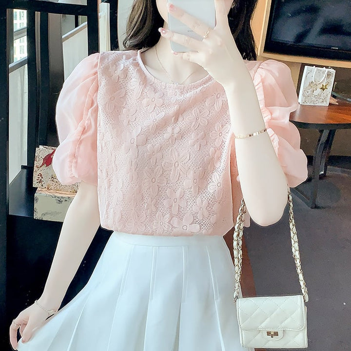 【tops】パフスリーブジャカードカットワークトップス　M17126