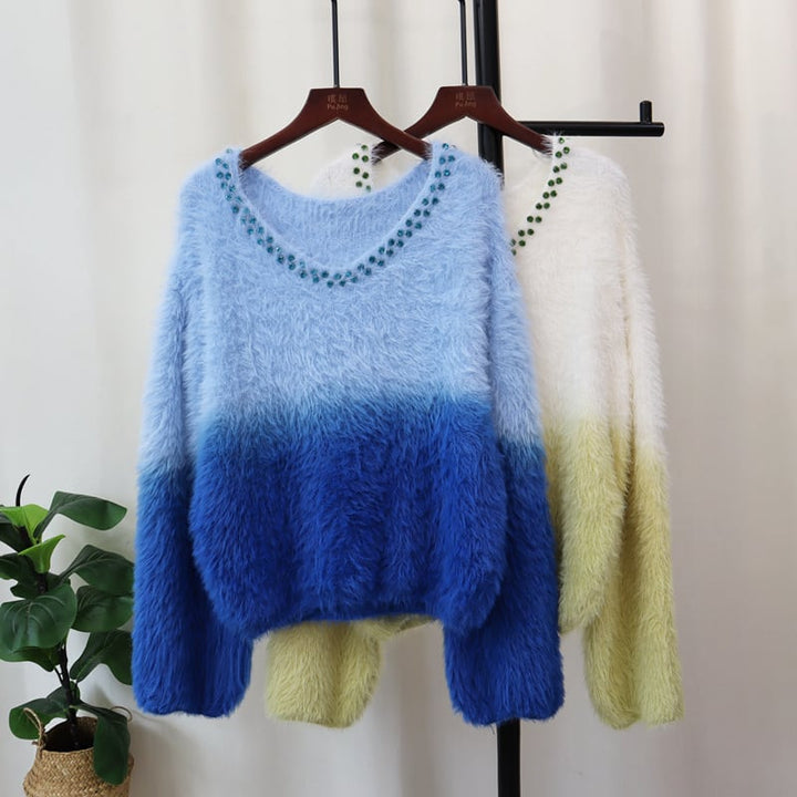 【tops】ビジューグラデーションニットセーター　M26605