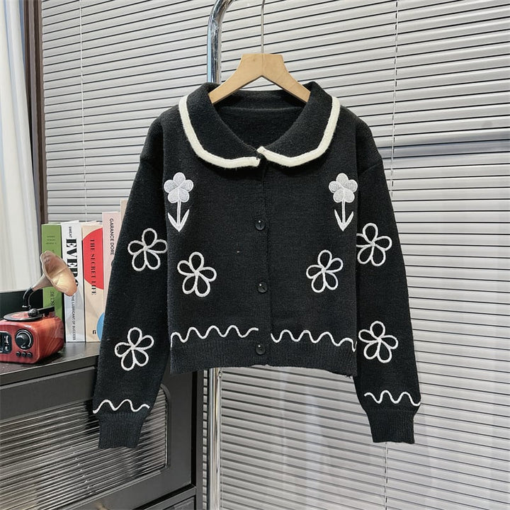 【outer】POLOネック刺繍ニットカーデ　M18027