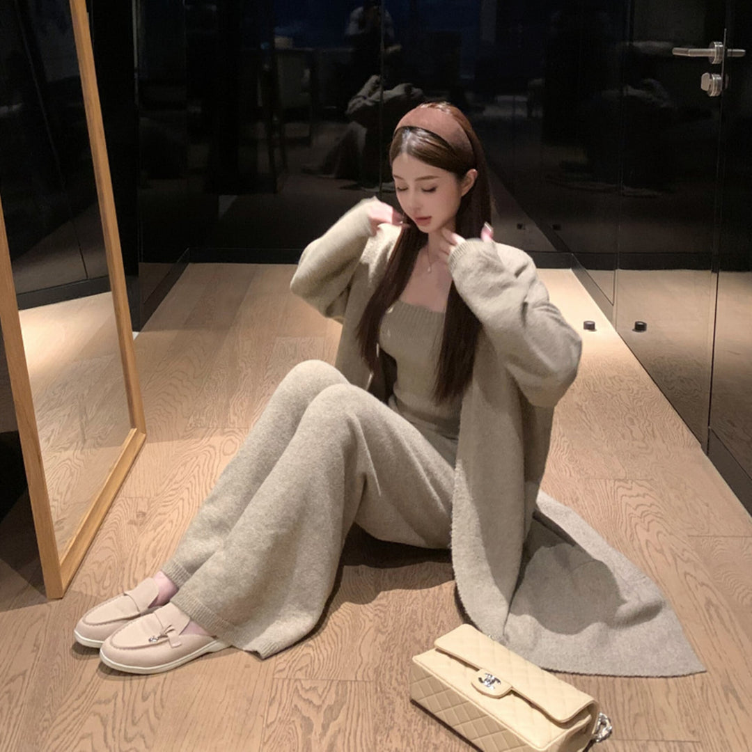 【set】ロング丈カーディガン×ベアトップ×ワイドパンツ3点セット　N3329