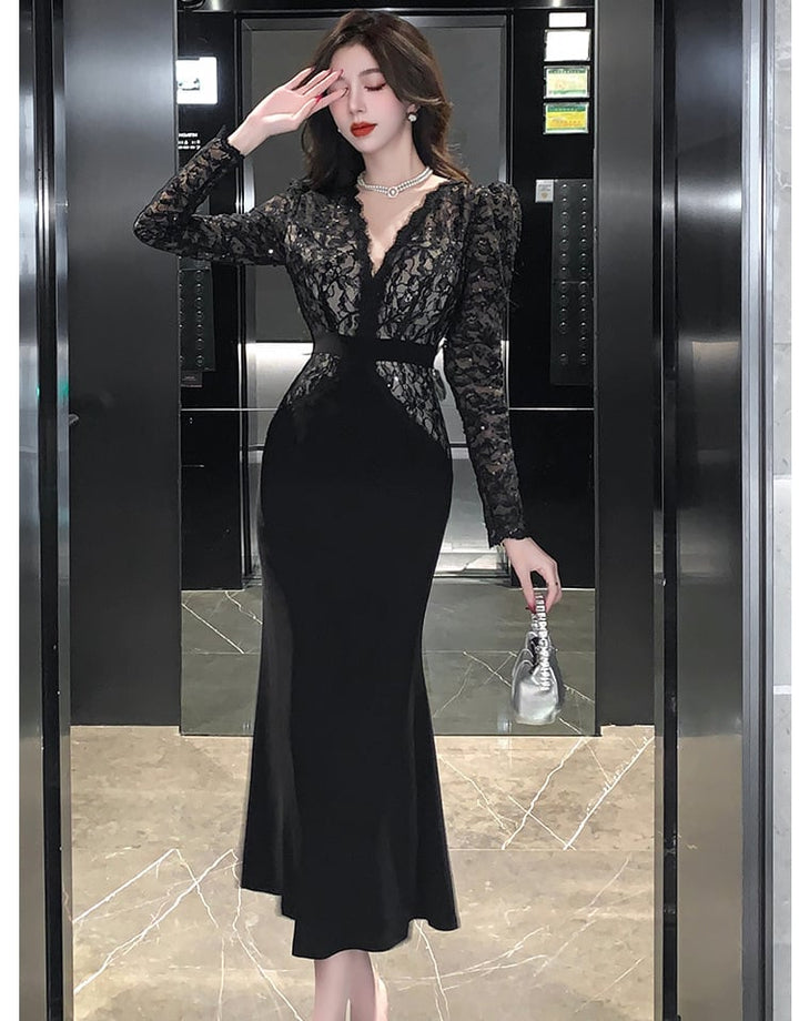 【dress】レース切り替えマーメイドワンピース　M26252