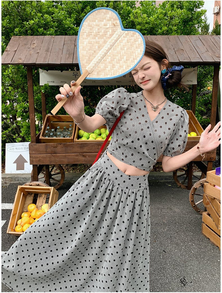 【set】ドット柄トップス×ロング丈スカートセット　M23928