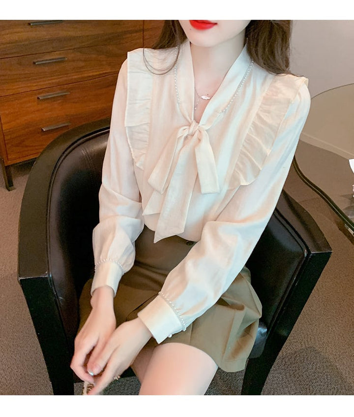 【tops】美人度アップリボン付きシャツトップス超人気　M17338