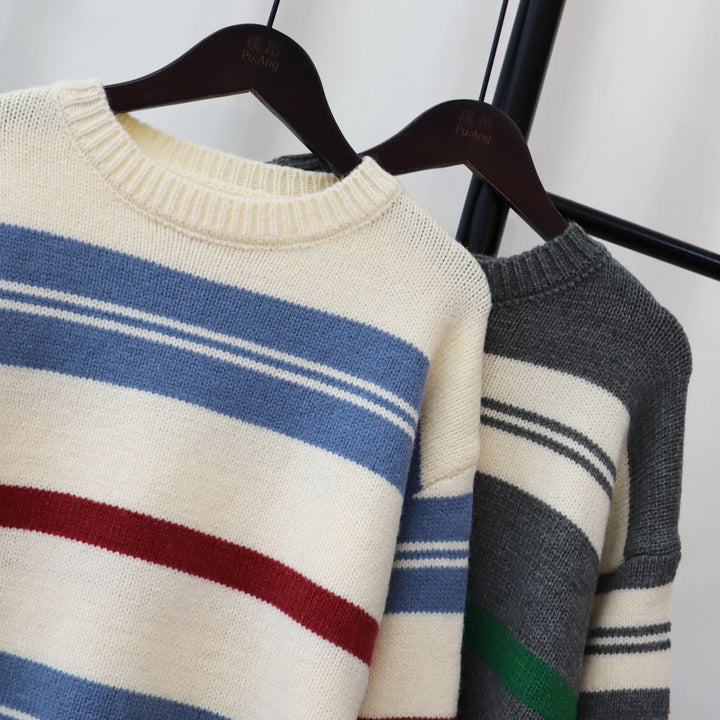 【tops】クルーネックボーダー柄ニットセーター　M17996