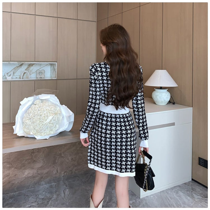 【dress】千鳥格子ニットワンピース　M17627