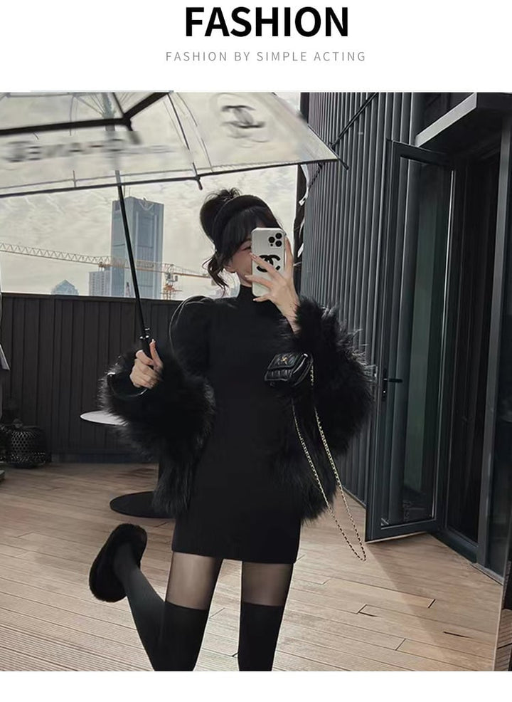 【dress】アームカバー付き無地ニットワンピース　M17718
