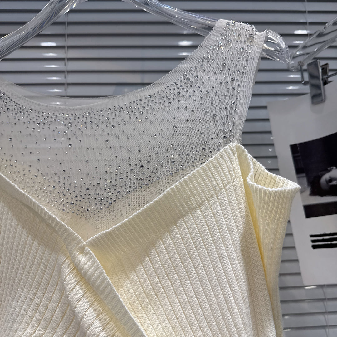 【tops】ラインストーンチュールレイヤードオフショルニット　N3507