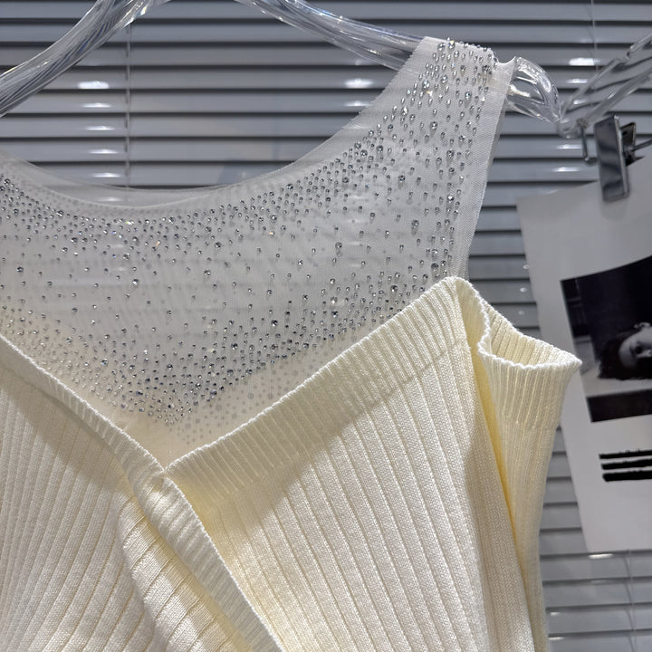 【tops】ラインストーンチュールレイヤードオフショルニット　N3507