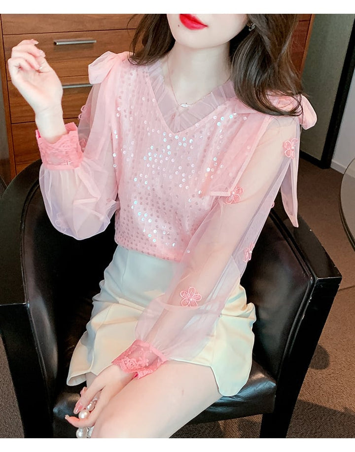 【tops】チュールコンビシャツトップス　M29227