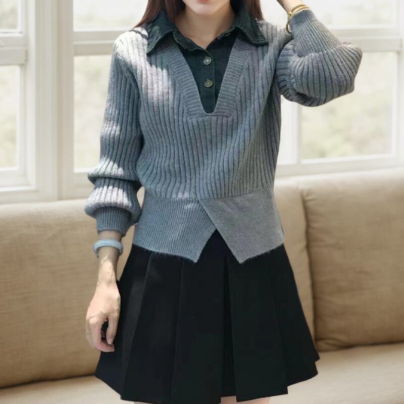 【tops】フェイクレイヤードニットトップス Q7714