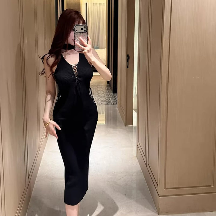 【dress】ストラップデザインロングニットキャミワンピース Q7803