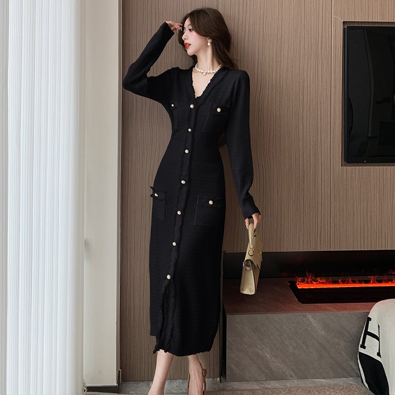 【dress】Vネックボタンデザインニットワンピース　M17919