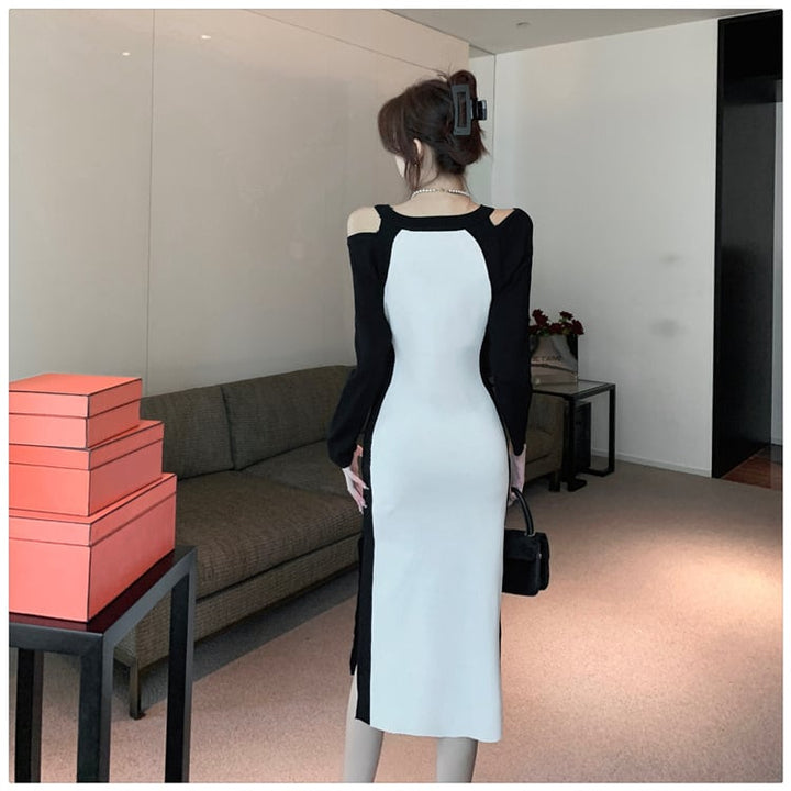 【dress】オフショルダースリットニットワンピース　M17920
