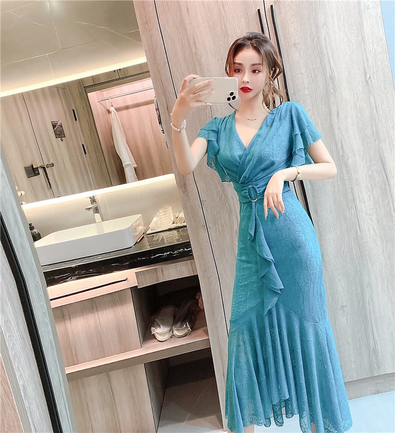 【dress】美人度アップVネックマーメイドワンピース　M17020