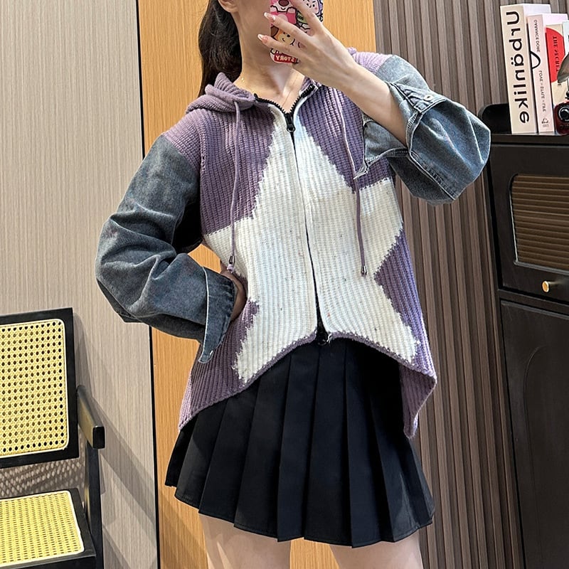 【outer】デニム切り替えニットカーデ　M18150