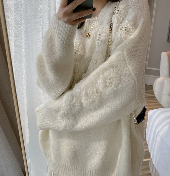【tops】立体フラワーパールニットトップス　N2807