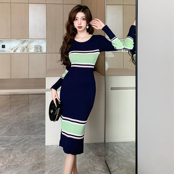 【dress】ボーダー柄配色ニットワンピース　M18172