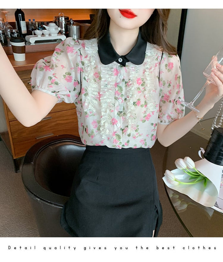 【tops】美人度アップスウィート折り襟花柄シャツトップス　M16883