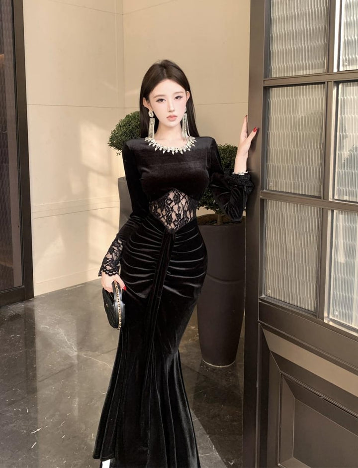 【dress】スパンコール付きレースドッキングベルベットワンピース Q7424