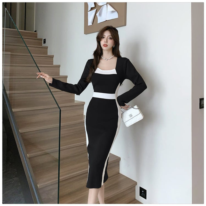 【dress】早い者勝ち切り替えニットワンピース着瘦せ　M17510