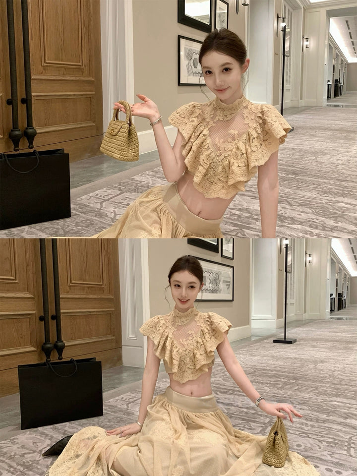 【set】フリルレースブラウス×ロングスカートセット     N3576