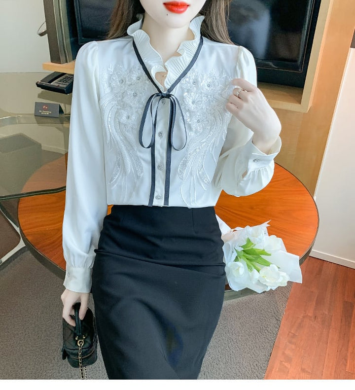 【tops】柔らかくて優しい印象フリルシャツトップス2色　M16912