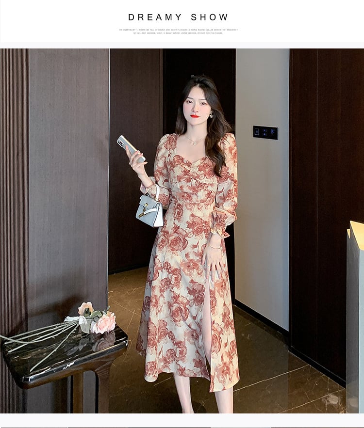 【dress】話題沸騰中 オシャレスリット花柄ワンピース　M17306