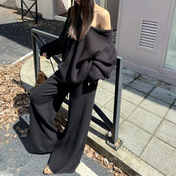 【set】Vネックニットトップス×ワイドパンツセット Q7156