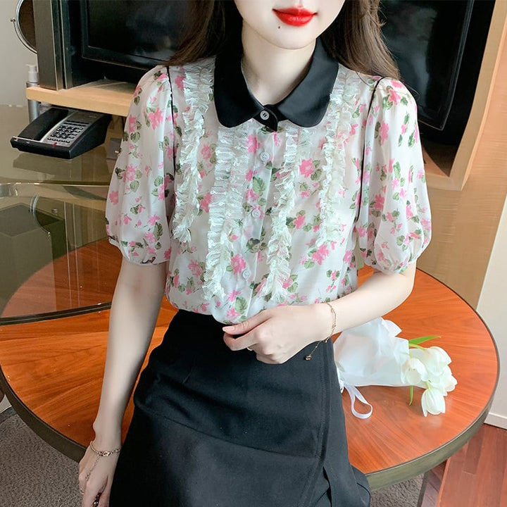 【tops】美人度アップスウィート折り襟花柄シャツトップス　M16883