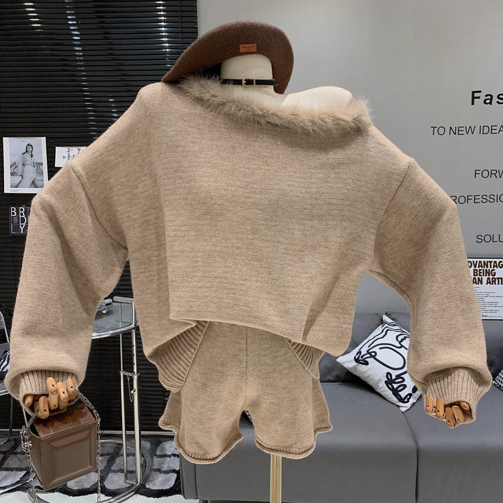 【set】ファーオフショルダーニットセーター×ショートパンツセット　M27914