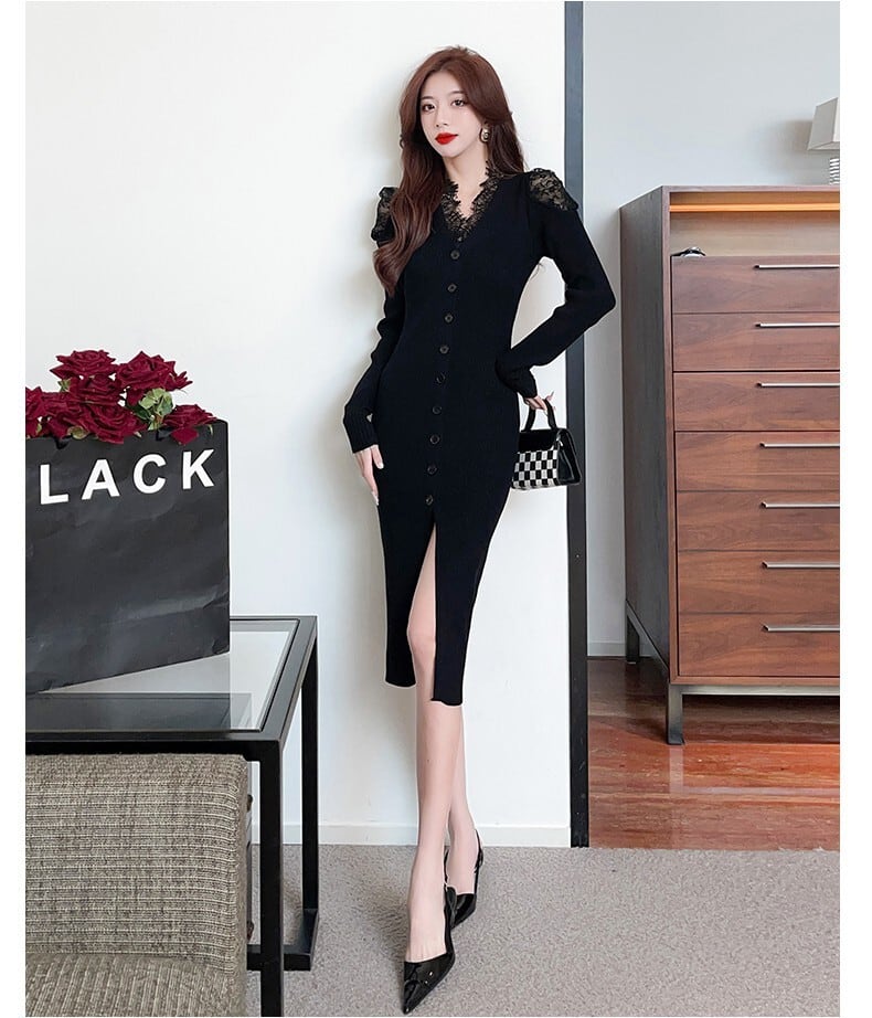 【dress】韓国系レース切り替えニットワンピース　M17631