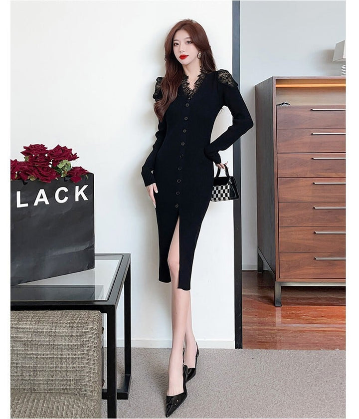 【dress】韓国系レース切り替えニットワンピース　M17631