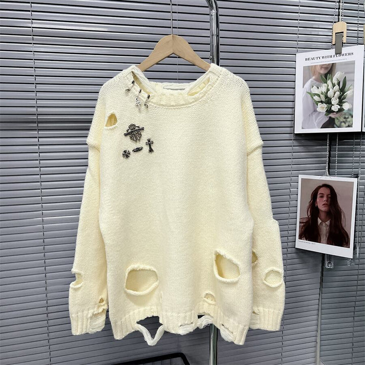 【tops】ダメージ加工ニットセーター　M18470