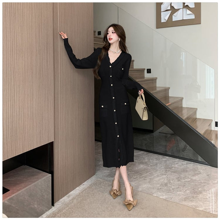 【dress】Vネックボタンデザインニットワンピース　M17919