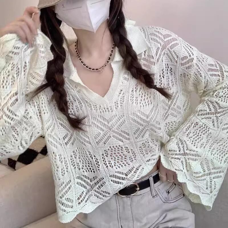 【tops】ベルスリーブ透かしニットトップス Q8308