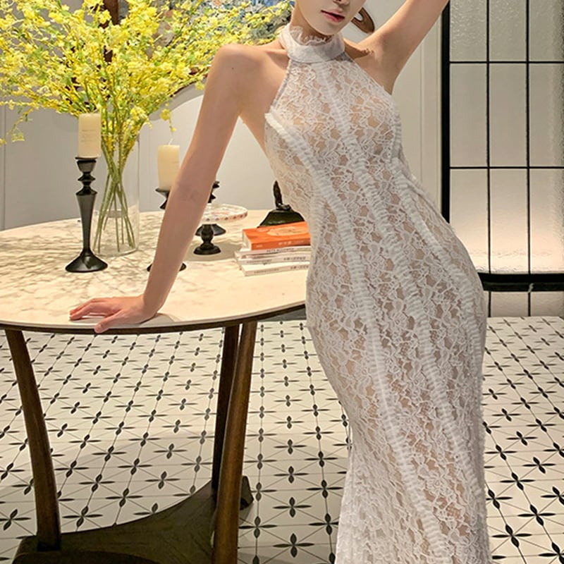【dress】ホルターネックレースワンピース Q7582