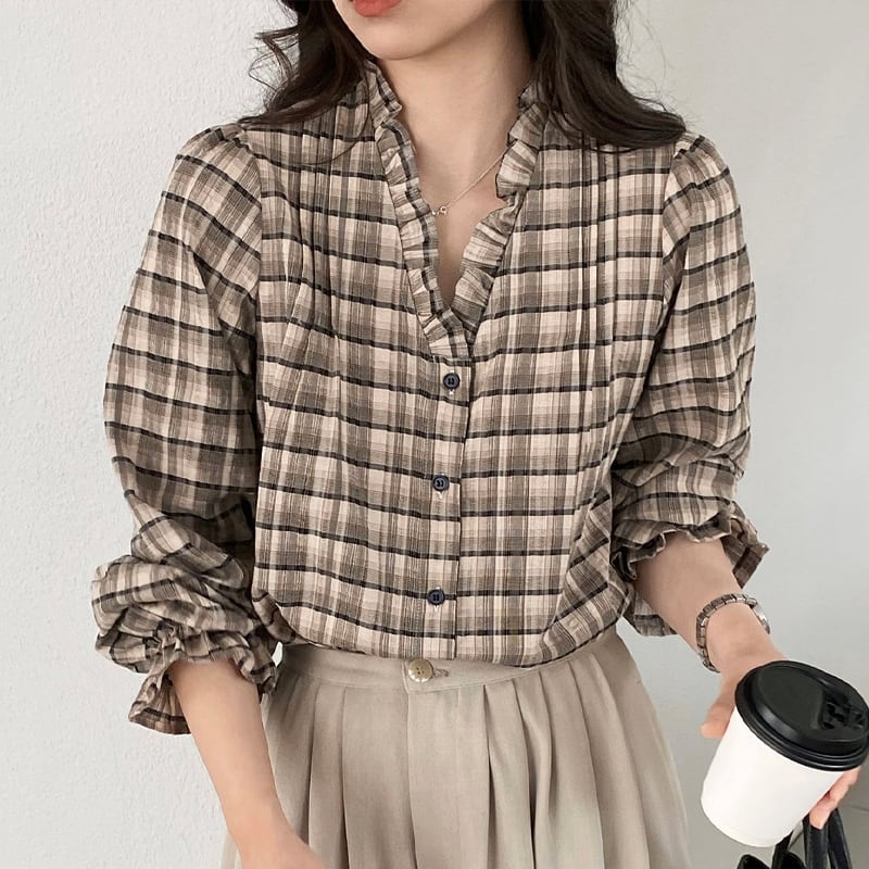 【tops】ギャザーフリル付きチェック柄トップス Q8281
