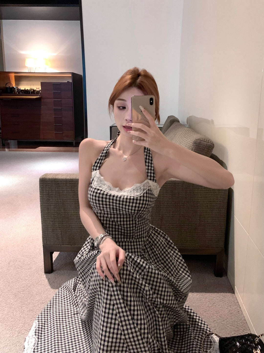 【dress】バックリボンレース切り替えチェック柄ワンピース　N2683