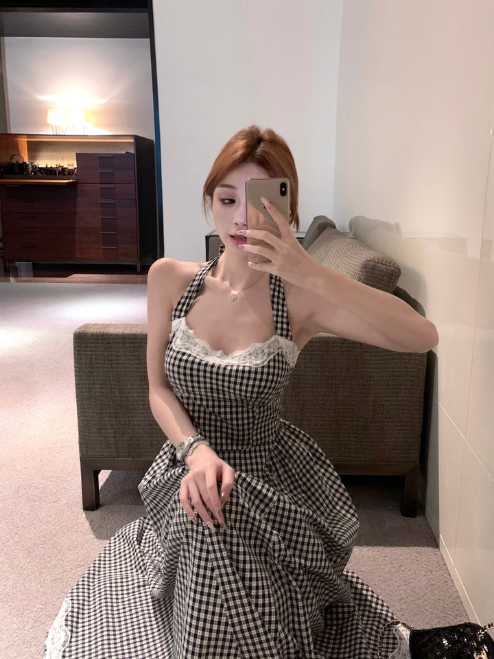 【dress】バックリボンレース切り替えチェック柄ワンピース　N2683