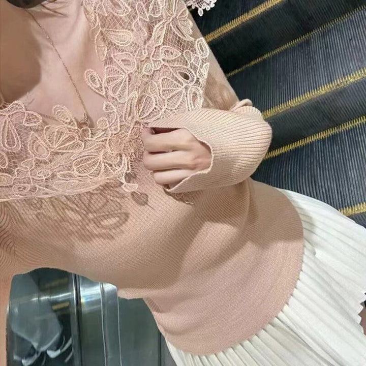 【tops】レースドッキングニットトップス Q7851