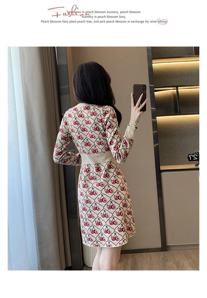 【dress】チェリー柄ニットワンピース　N2032