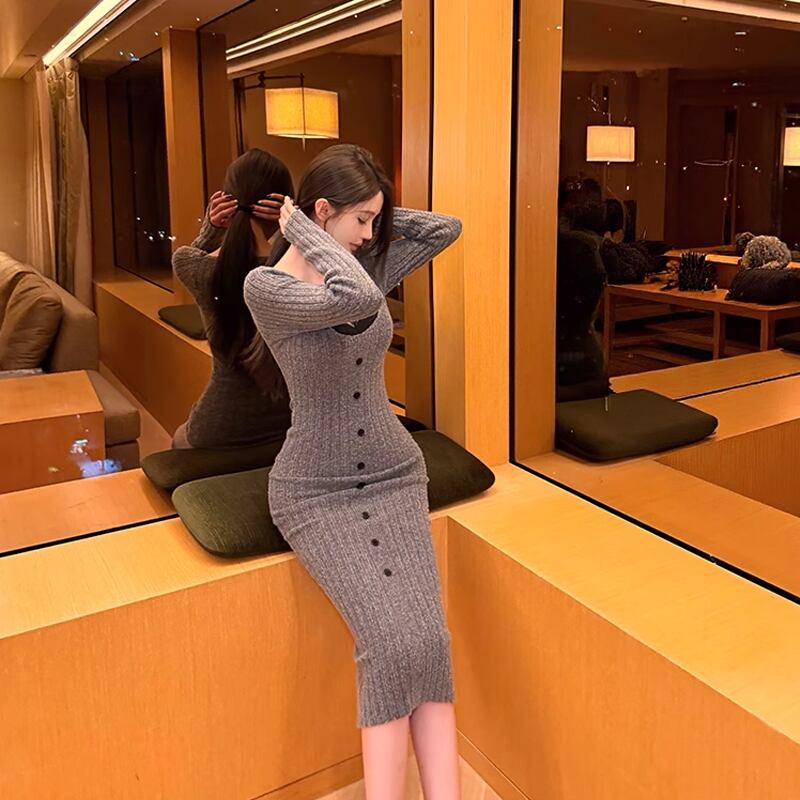 【dress】スクエアネックニットワンピース Q7184
